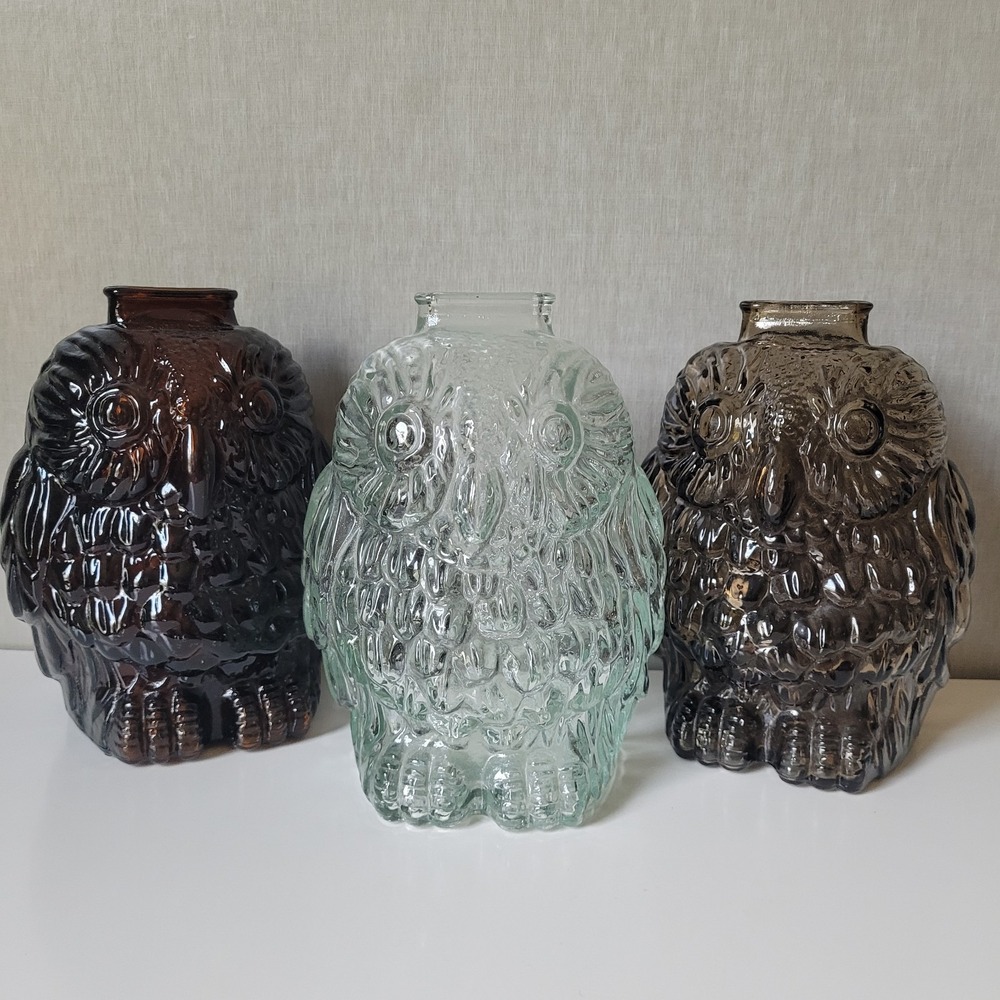 Vintage Libbey Glass Owl Coin Bank Trio 1970s Amber Clear Smoke Grey MCM Set